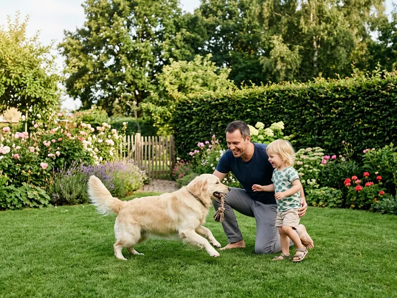 Vater, Kind und Hund spielen auf dem Rasen