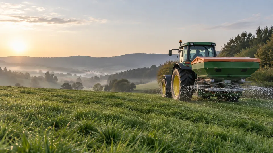 Traktor streut KALKPERLEN-Granulat auf Grünland in Nordhessen