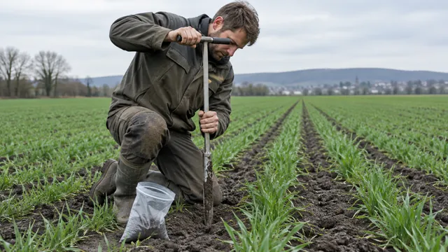 Landwirt nimmt mit dem Bohrstock eine Bodenprobe im jungen Weizen