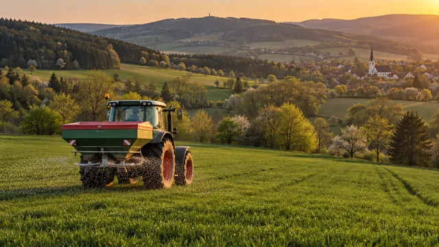 Traktor mit Düngerstreuer auf einer Wiese in hügeliger Landschaft bei Sonnenaufgang