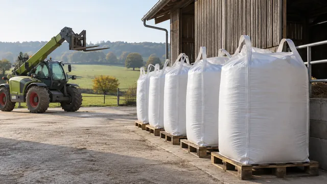 Big Bags auf Paletten auf einem Hof, dahinter ein Teleskoplader