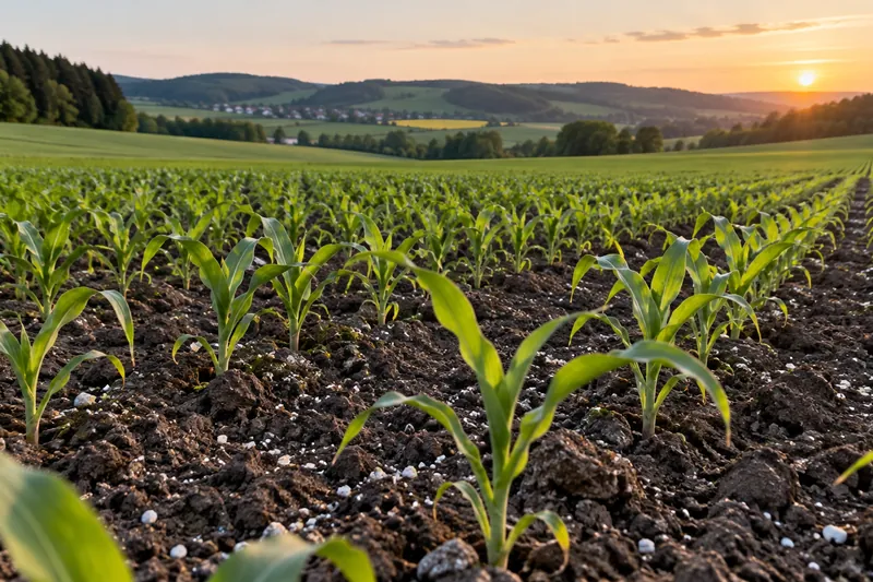 Junger Mais auf einem Acker im Abendlicht